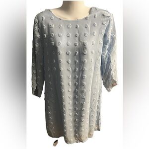 Belongsci light blue polka dot 3/4 length slit, sheer sleeve knee length dress